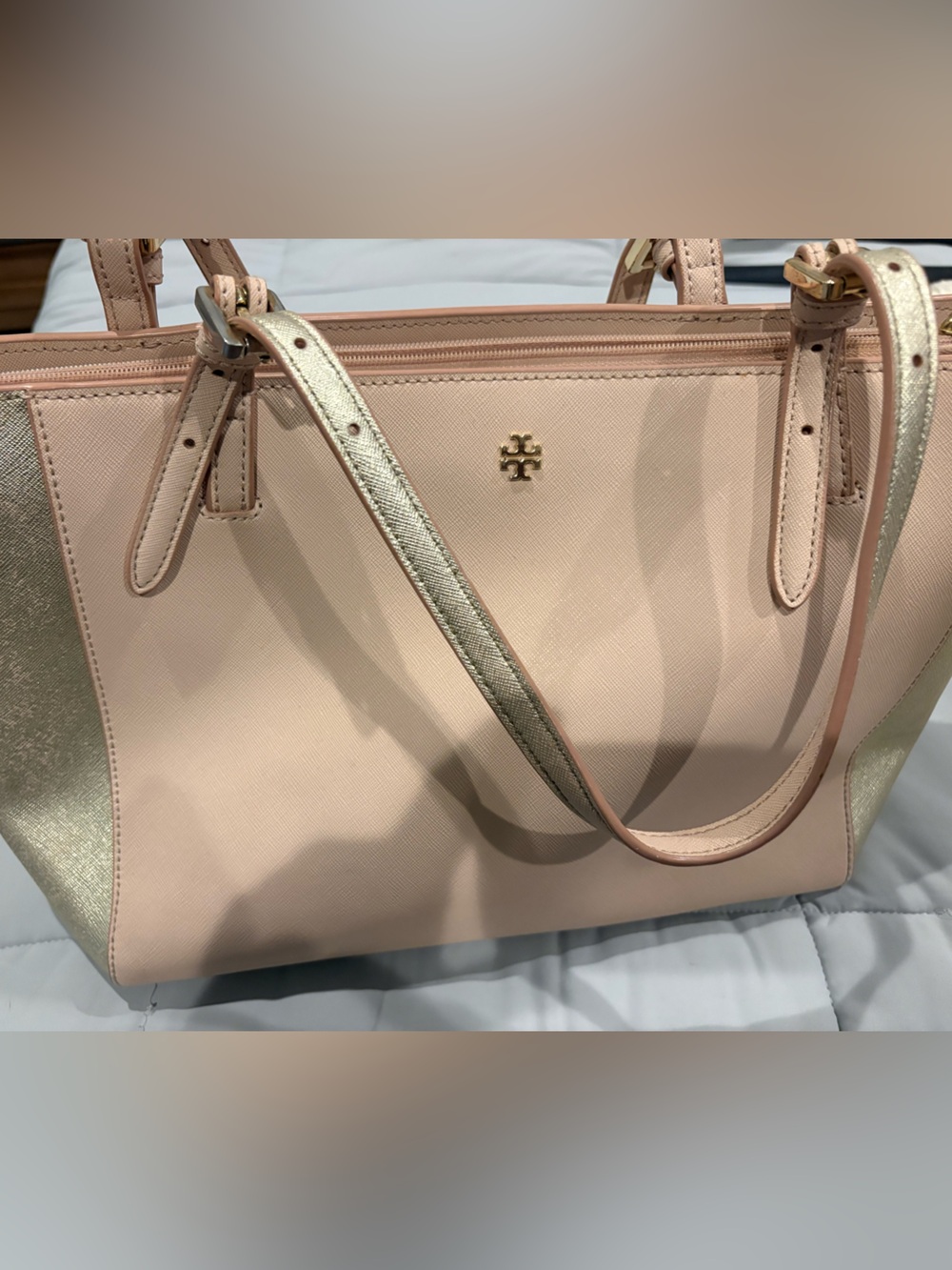 Tory Burch Blush Pink and Gold Saffiano Shoulder Tote